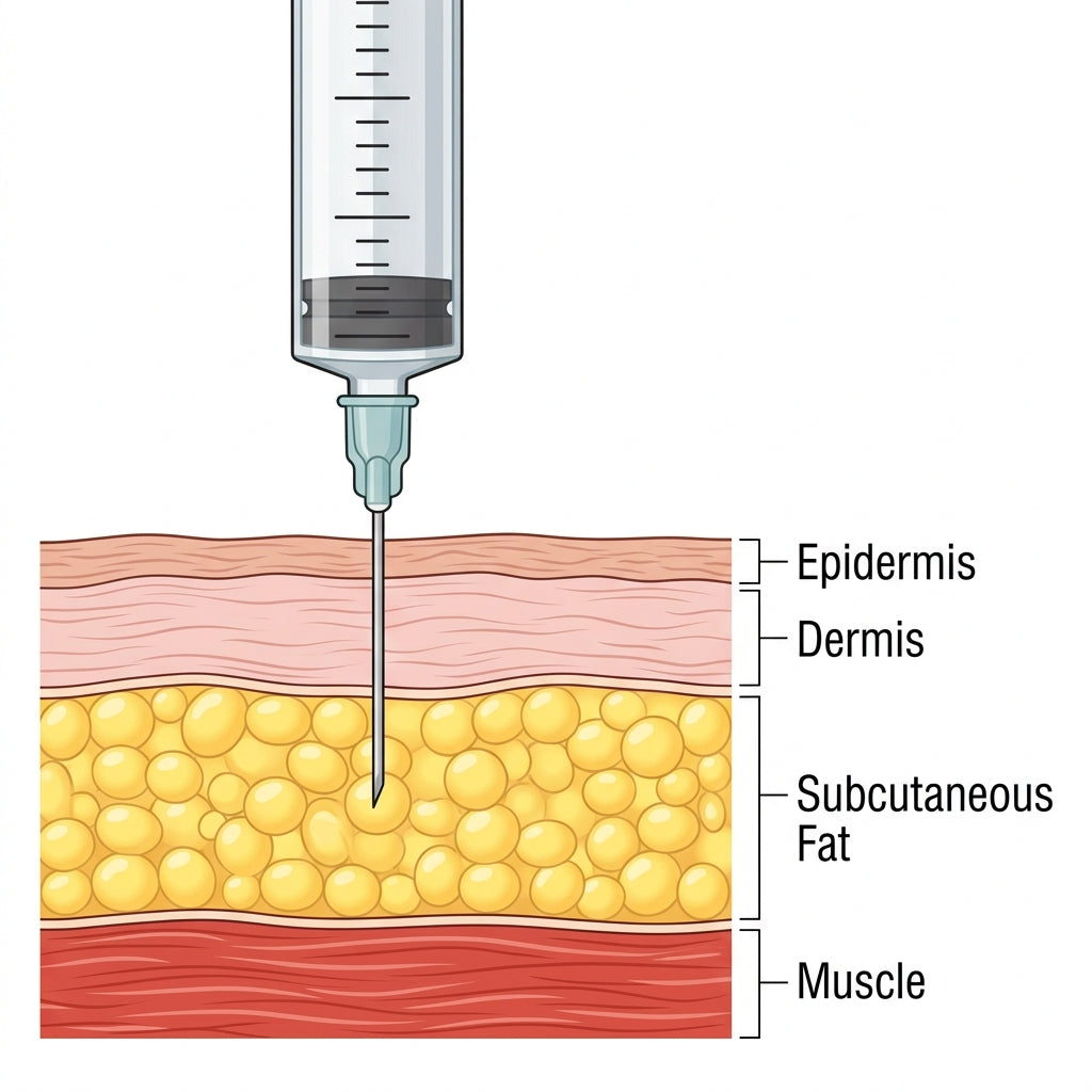 Subcutaneous injection cross-section showing needle tip in fat layer