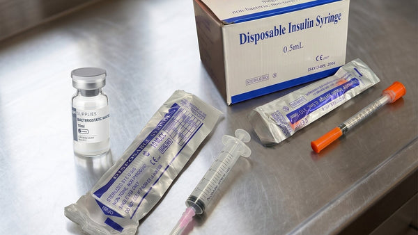 Bacteriostatic water, draw needle and insulin syringe laid out on a kitchen counter for reconstitution