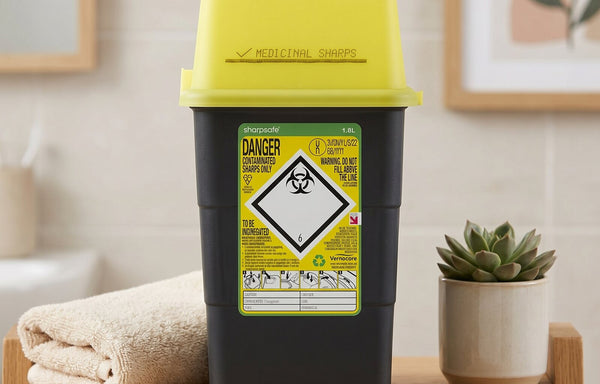 Sharpsafe sharps container on a bathroom shelf at home