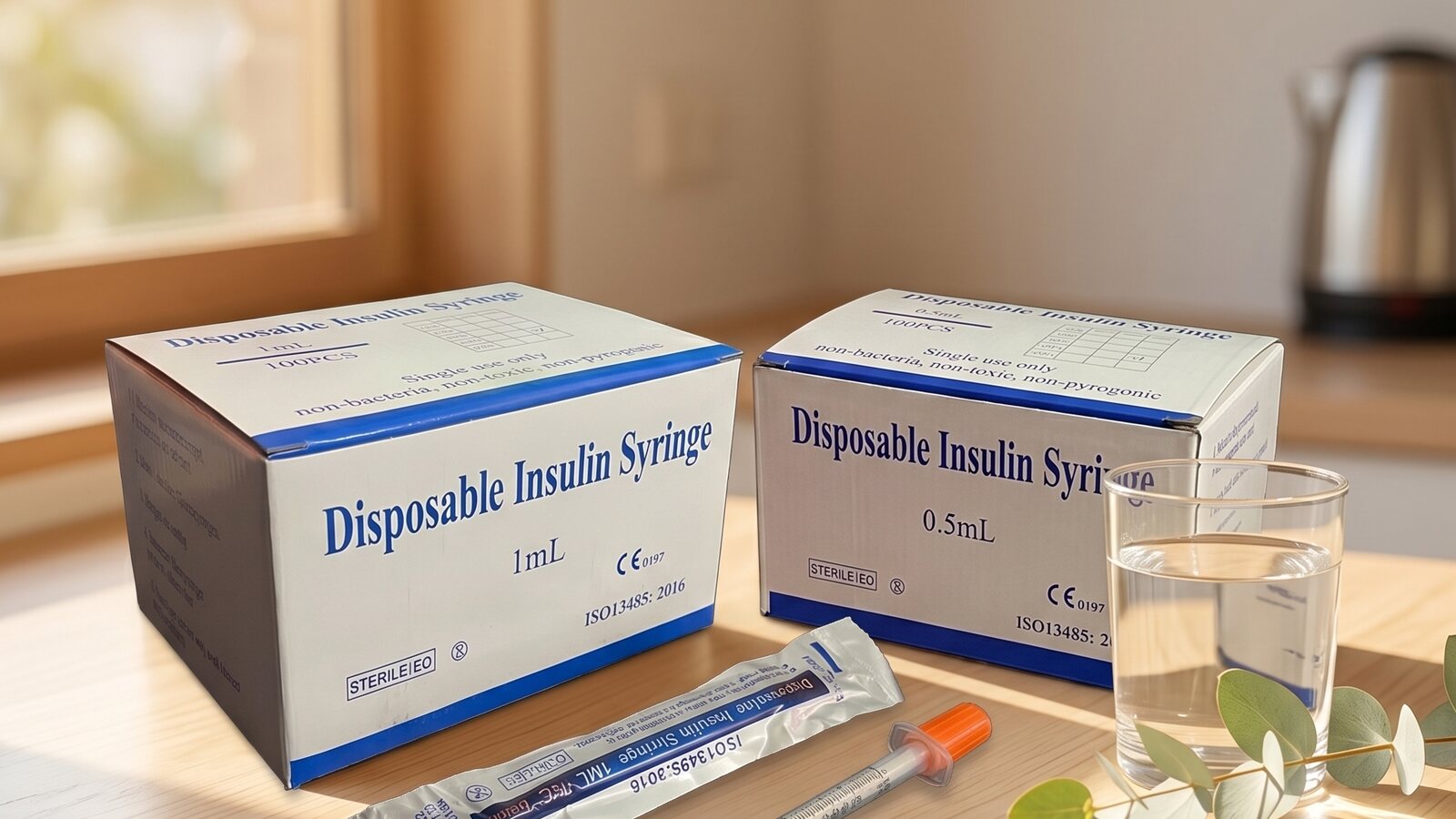 Insulin syringes and a draw needle on a sunlit kitchen bench