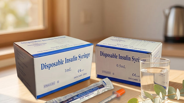 Insulin syringes and a draw needle on a sunlit kitchen bench