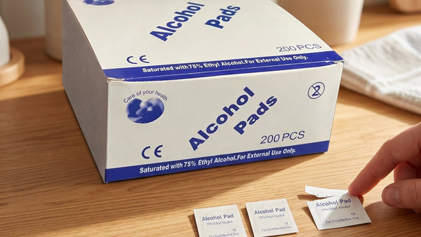 Alcohol prep wipes box on a kitchen counter with a sachet opened