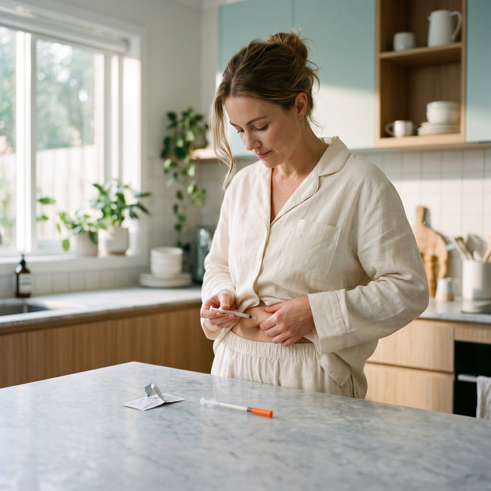 Woman in linen pyjamas in a sunlit modern kitchen preparing a GLP-1 self-injection with an insulin syringe and alcohol wipe on the counter