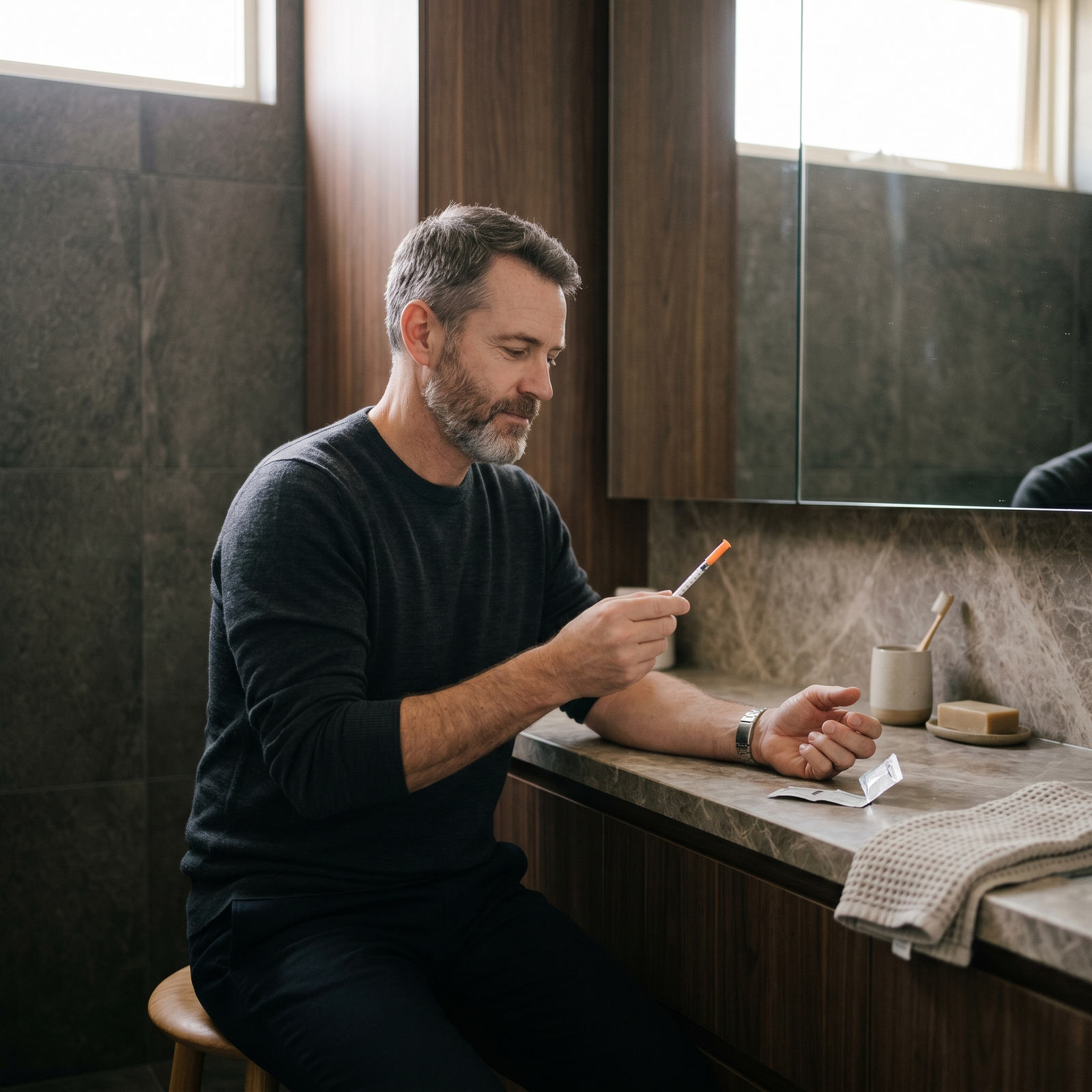 Middle-aged man at a modern bathroom counter preparing a subcutaneous testosterone self-injection with an insulin syringe and alcohol wipe