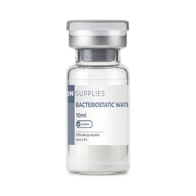 Bacteriostatic Water 10mL vial, centered glass vial with multidose label, white background