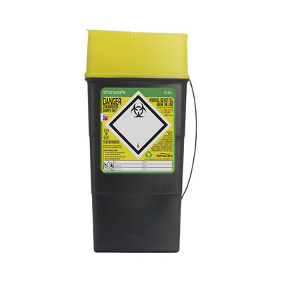 Sharpsafe 0.6L portable sharps container, front view yellow flip-top lid