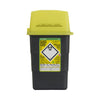 Sharpsafe 1.8L sharps container, front view yellow swing-top lid
