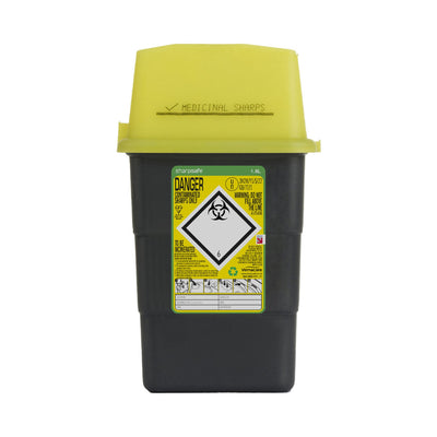 Sharpsafe 1.8L sharps container, front view yellow swing-top lid