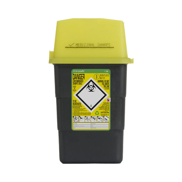 Sharpsafe 1.8L sharps container, front view yellow swing-top lid