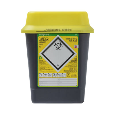 Sharpsafe 5L Dual Protect Pro sharps container, front view yellow swing-top lid