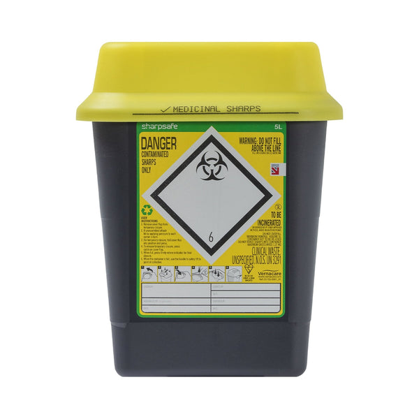 Sharpsafe 5L Dual Protect Pro sharps container, front view yellow swing-top lid