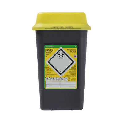 Sharpsafe 7L Dual Protect Pro sharps container, front view yellow swing-top lid