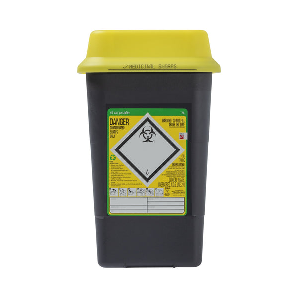 Sharpsafe 7L Dual Protect Pro sharps container, front view yellow swing-top lid