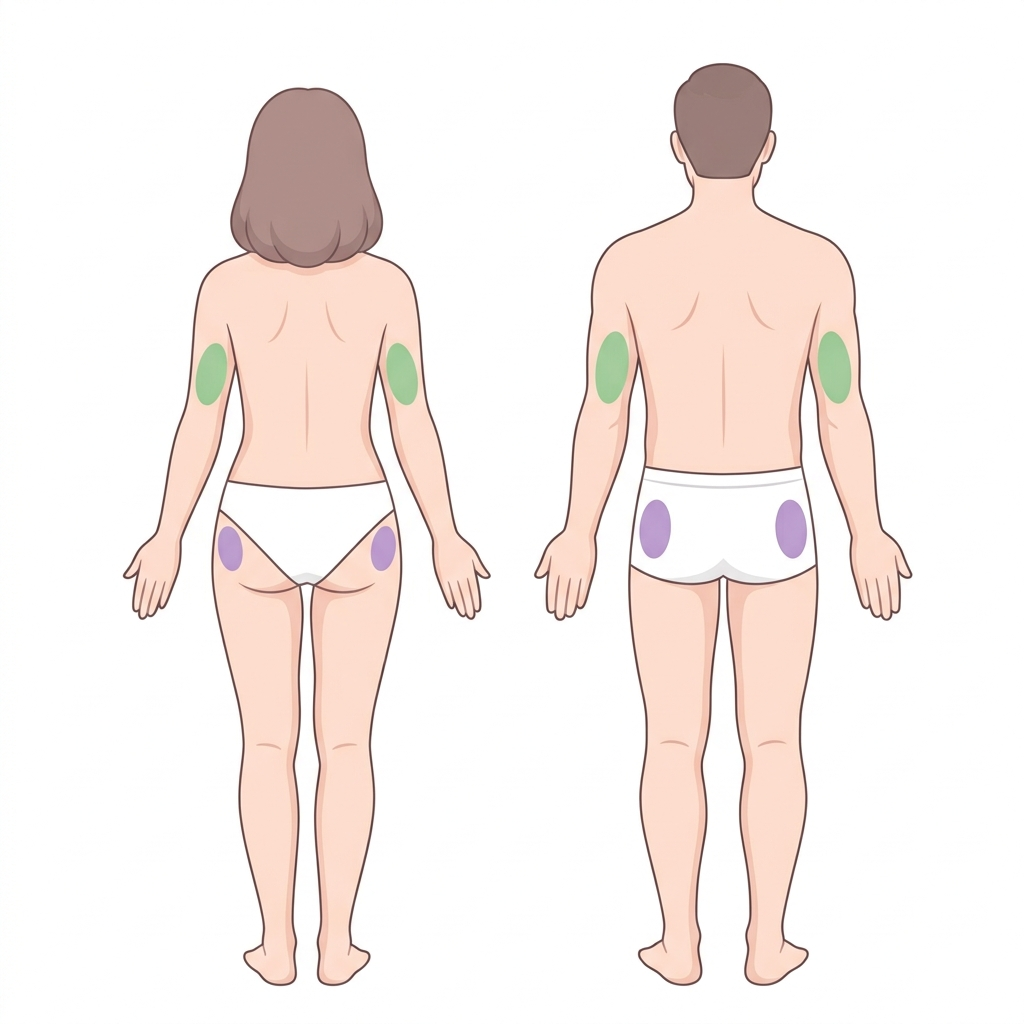 Back view of female and male figures showing subcutaneous injection sites: green oval on back of upper arm, purple oval on upper outer buttock